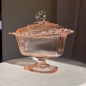 Vintage Pink Depression Glass Candy Dish Scalloped edge & Delicate Ornate Lid